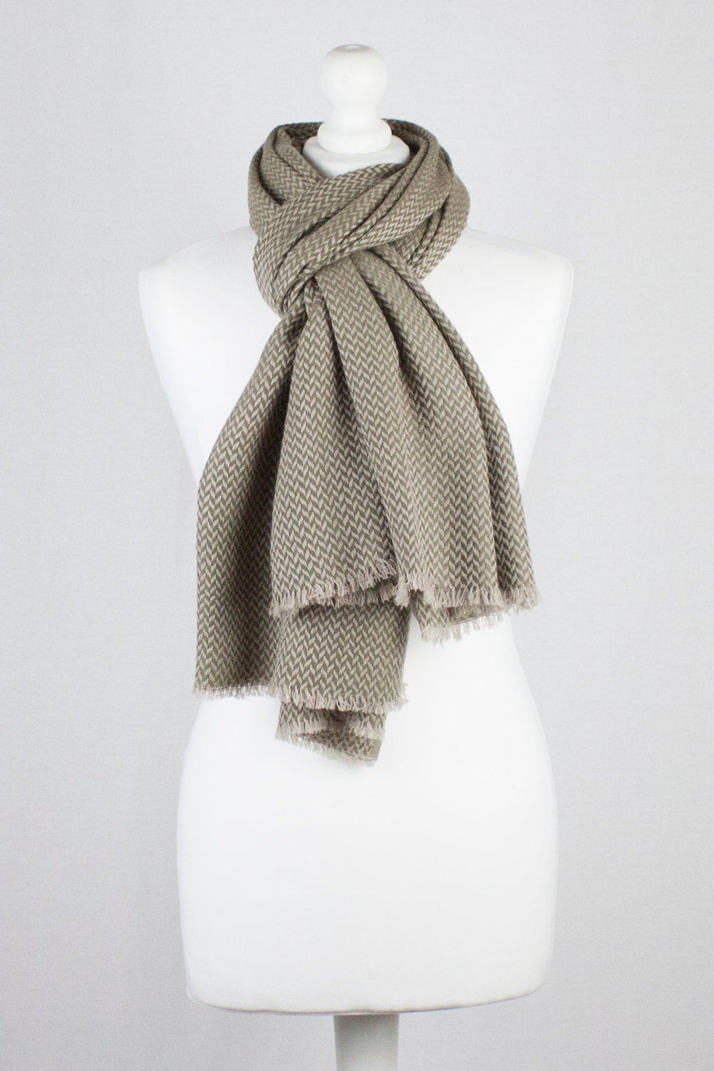 Chevron Weave Two Tone Merino Wool Scarf - Olive Beige-1