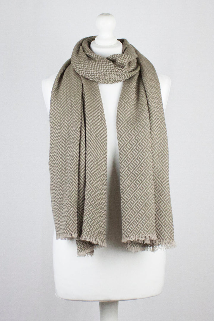 Chevron Weave Two Tone Merino Wool Scarf - Olive Beige-0