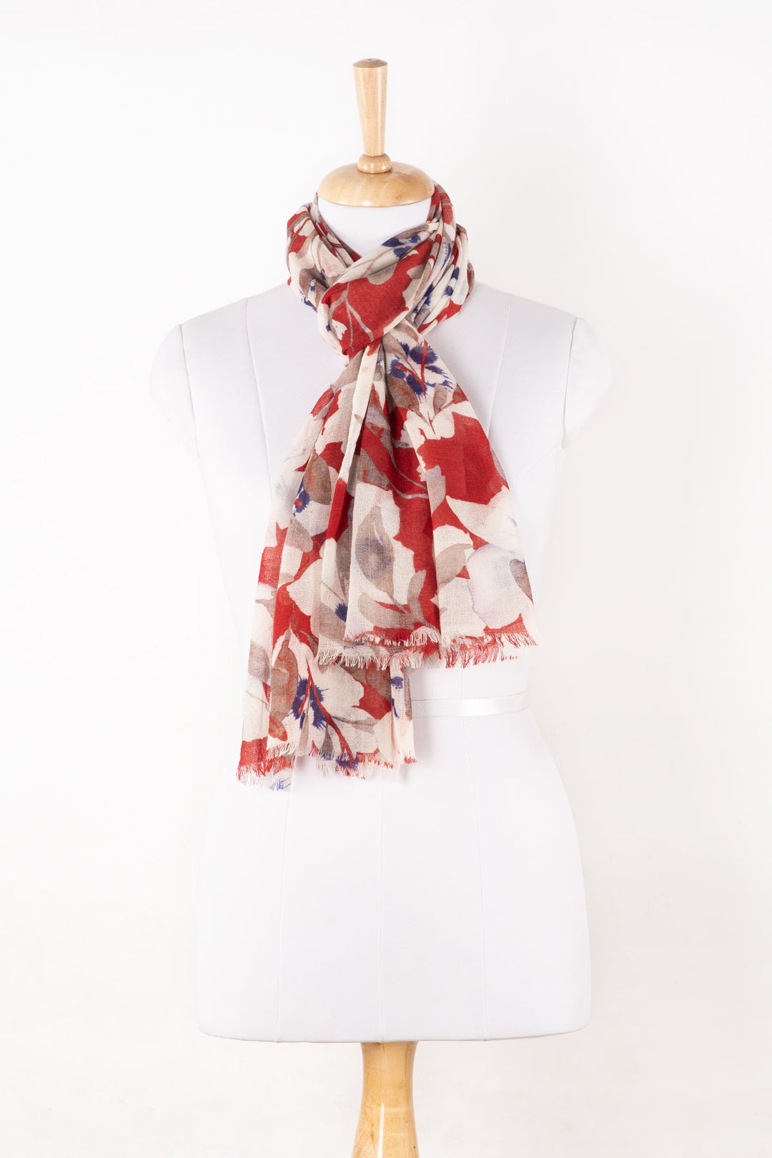 Bold Floral Merino Wool Scarf - White Red-1