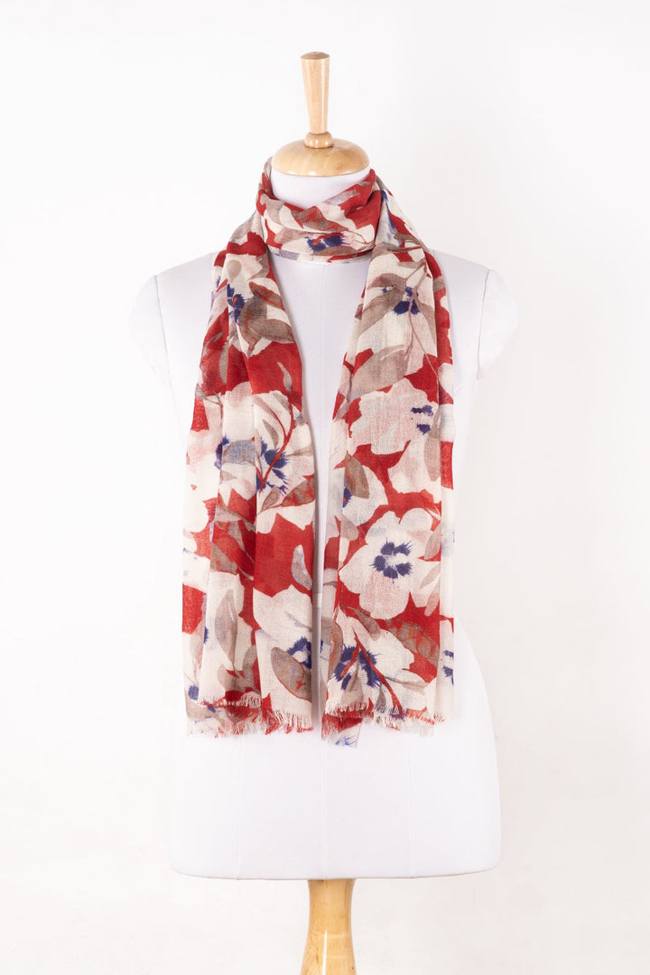 Bold Floral Merino Wool Scarf - White Red-0