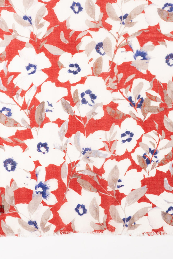 Bold Floral Merino Wool Scarf - White Red-2