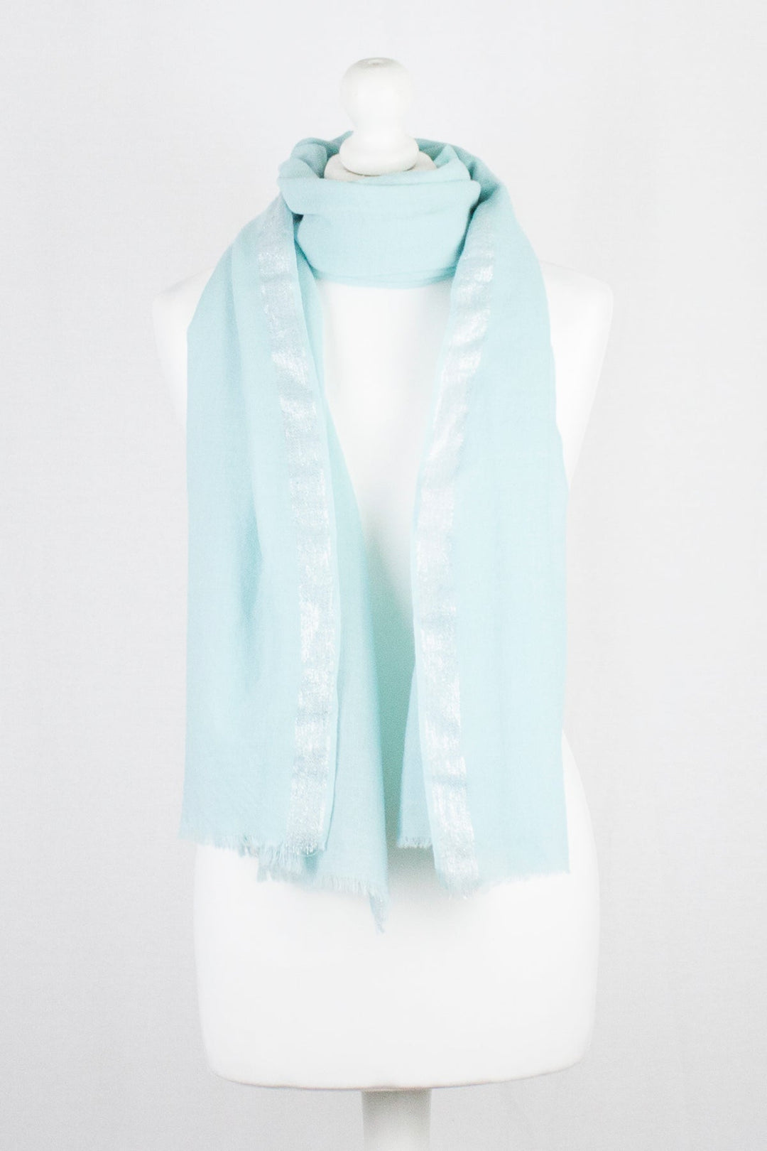 Twill Weave with Silver Lurex Border Merino Wool Scarf - Mint Green-0