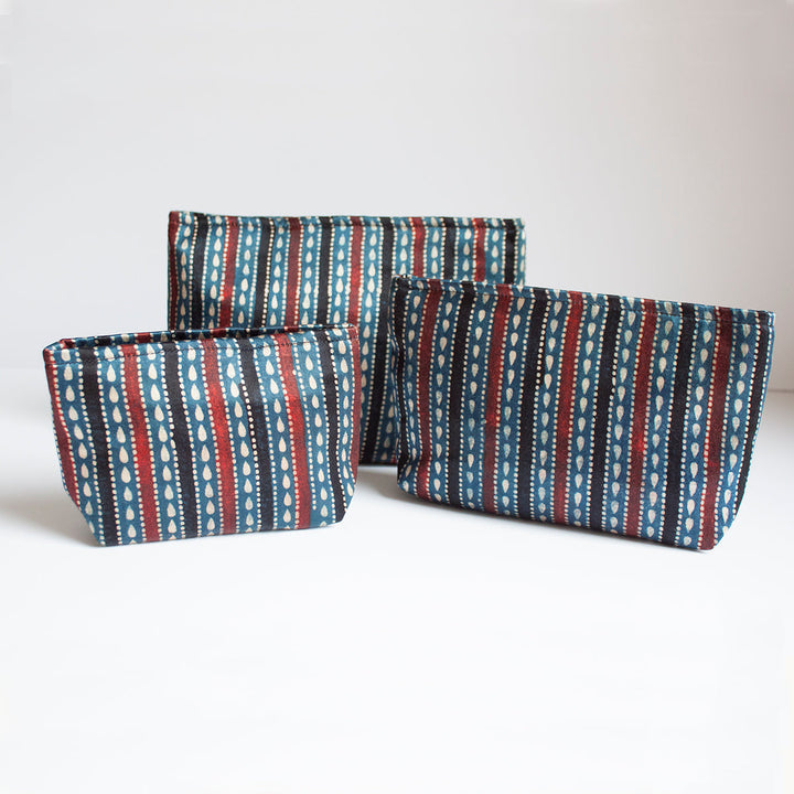 Ajrakh Hand-block Print Pouch Set of 3 - Blue Black Stripes-4