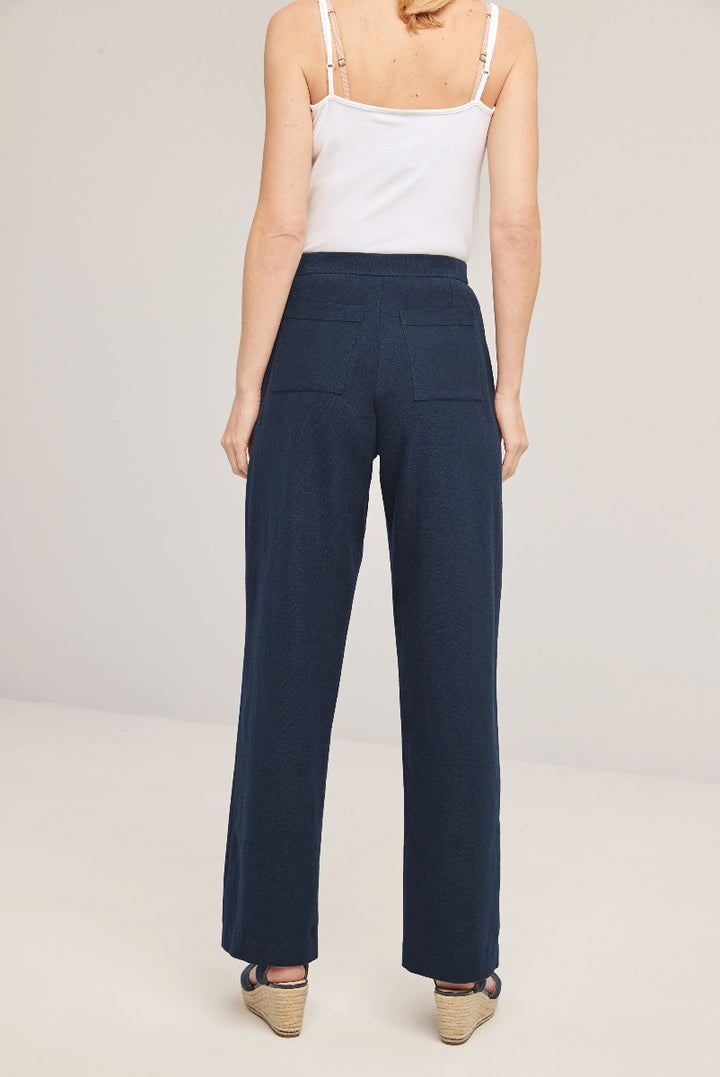 Lily Ella Collection navy blue high-waisted trousers with elegant wide-leg design and patch pockets, versatile women's fashion for workwear or casual chic outfits