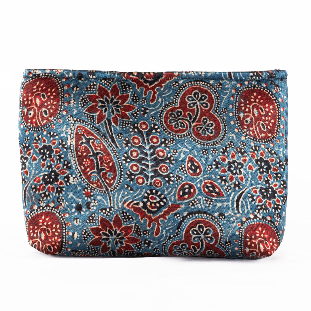 Hand-block Print Silk Travel Case Set of 3 - Blue Red Black Floral-2