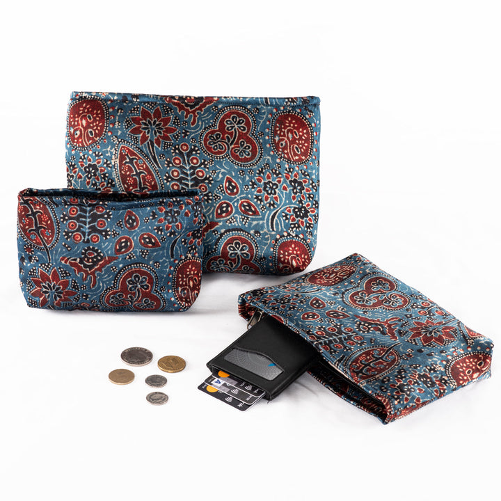 Hand-block Print Silk Travel Case Set of 3 - Blue Red Black Floral-1