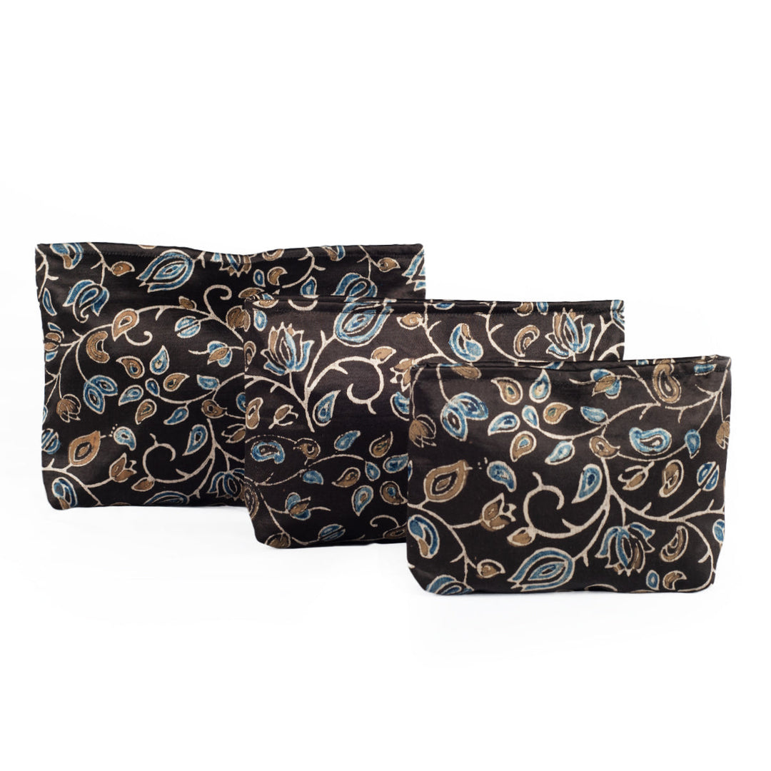 Ajrakh Hand-block Print Silk Travel Case - Set of 3 - Black Gold Blue Floral Vine-0