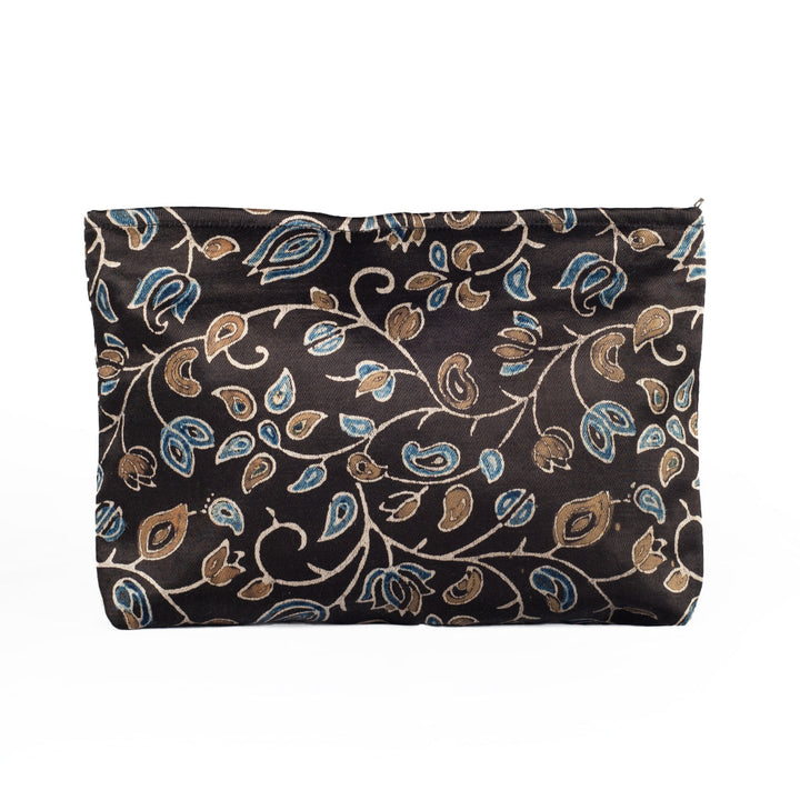 Ajrakh Hand-block Print Silk Travel Case - Set of 3 - Black Gold Blue Floral Vine-2