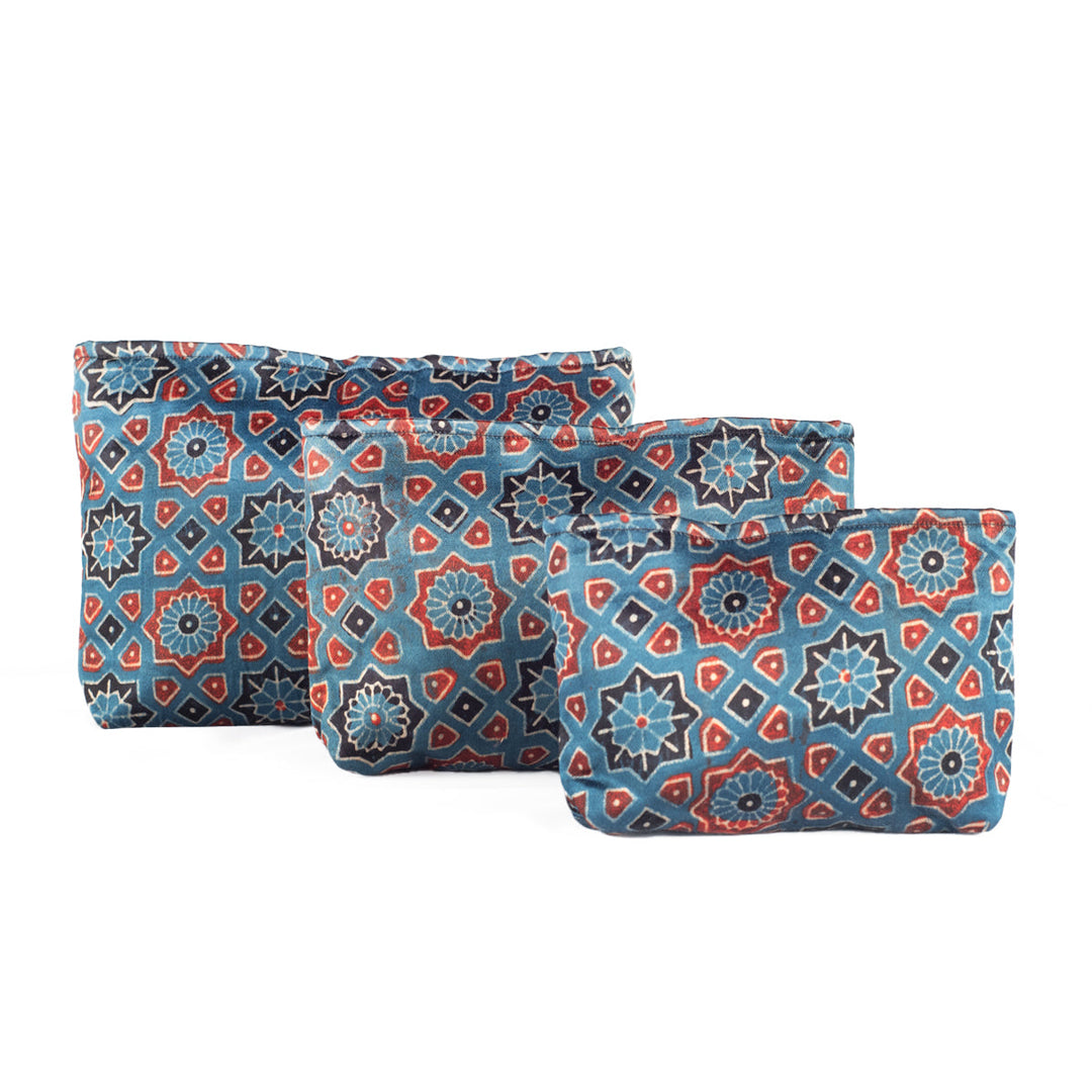 Ajrakh Hand-block Print Silk Travel Case - Set of 3 - Blue Red Black Geometric Flower-0