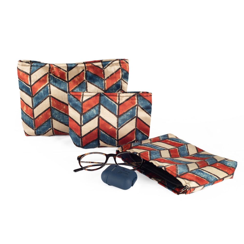 Ajrakh Hand-block Print Silk Travel Case - Set of 3 - Off-white Red Blue Chevron-1