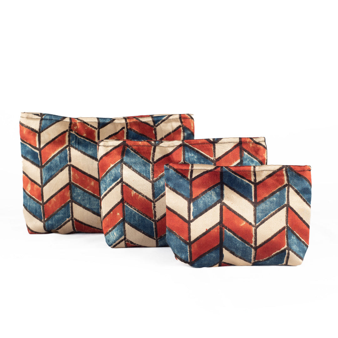 Ajrakh Hand-block Print Silk Travel Case - Set of 3 - Off-white Red Blue Chevron-0