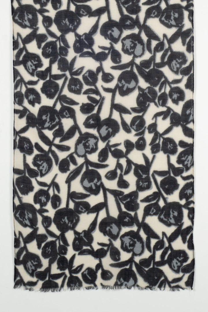 Buds and Flowers Merino Wool Scarf - Black White-1