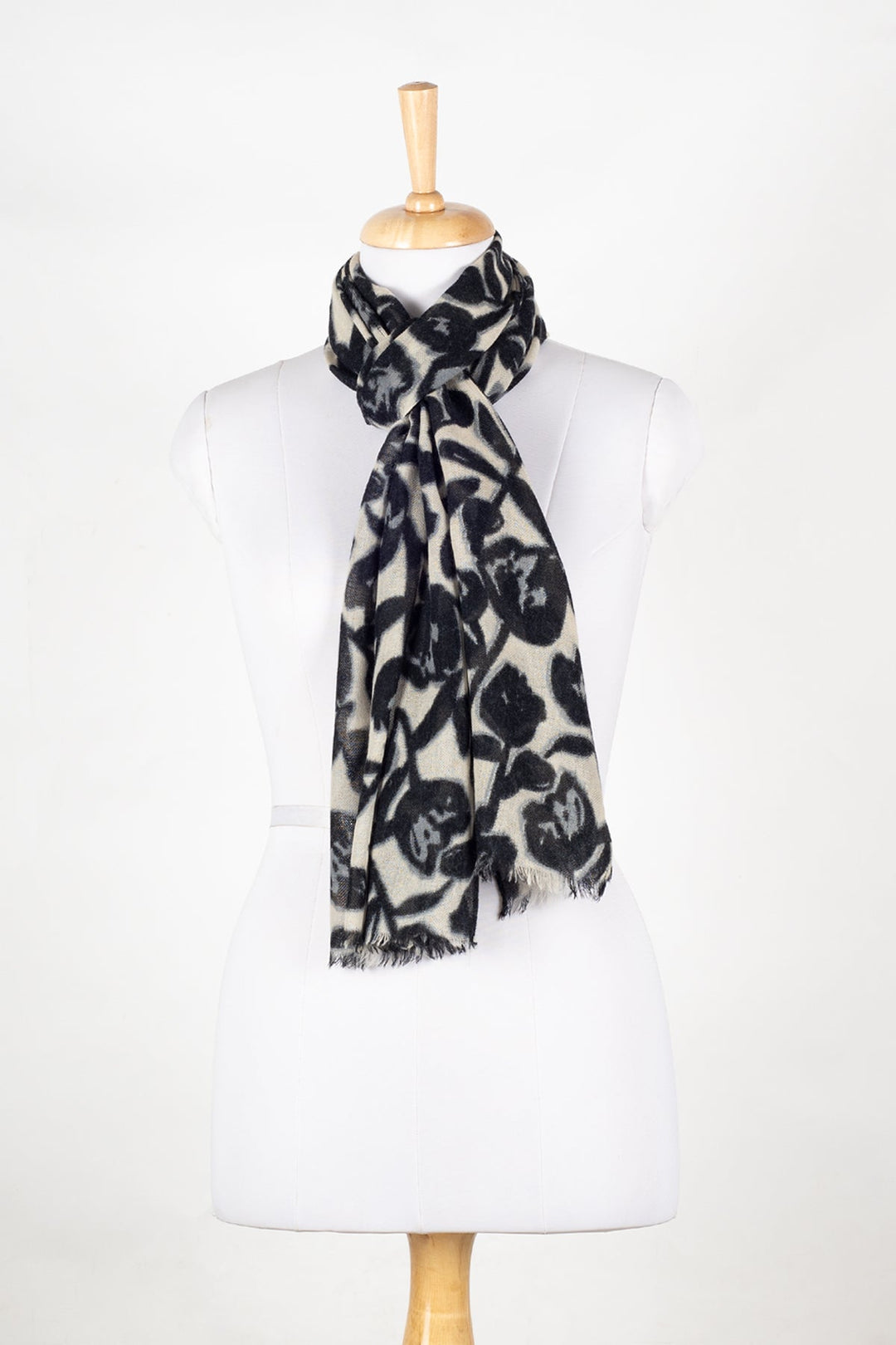 Buds and Flowers Merino Wool Scarf - Black White-2