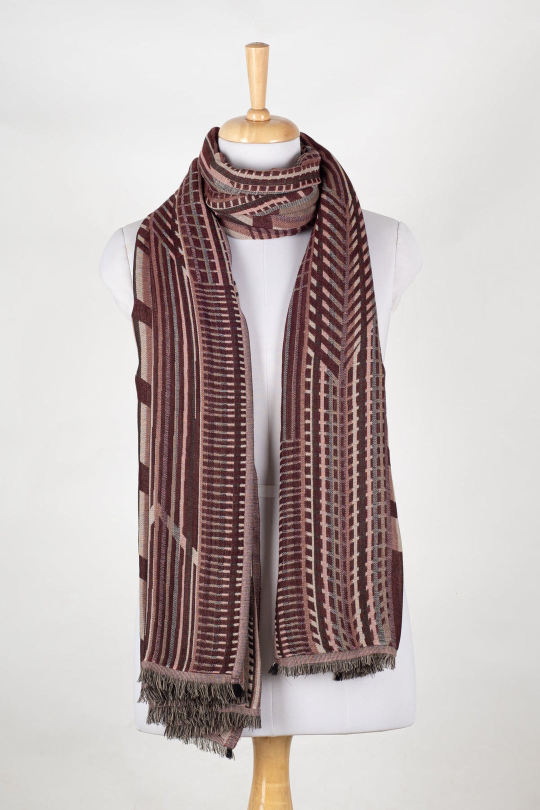 Geometric Abstract Jacquard Merino Wool Scarf - Maroon-0