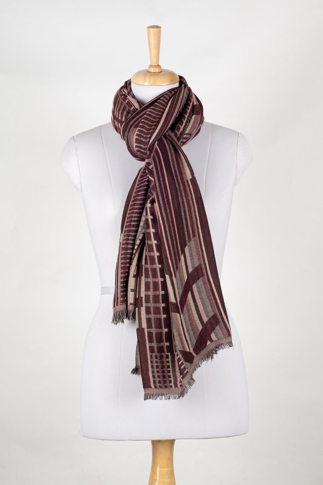 Geometric Abstract Jacquard Merino Wool Scarf - Maroon-2