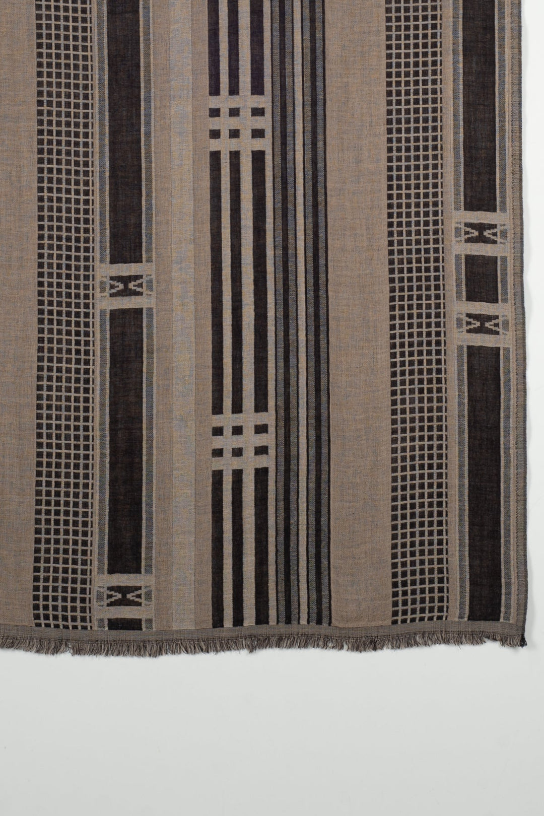 Checks and Stripes Abstract Jacquard Merino Wool Scarf - Black Beige-3