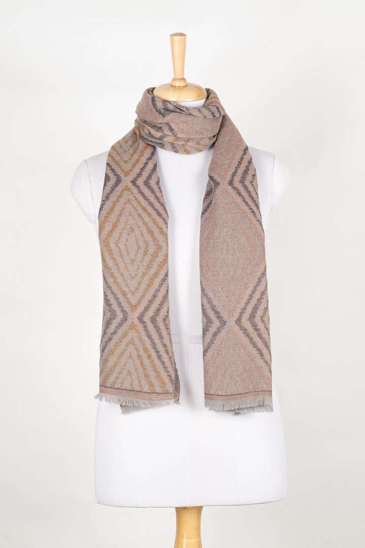 Concentric Diamonds Jacquard Merino Wool Scarf - Grey Yellow-0