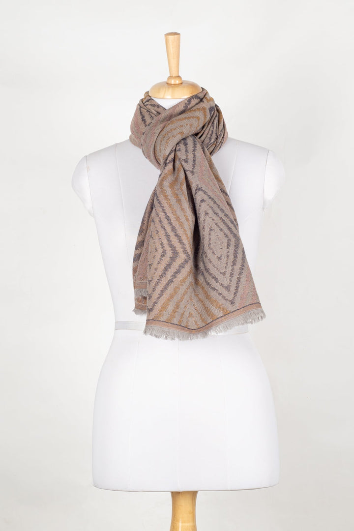 Concentric Diamonds Jacquard Merino Wool Scarf - Grey Yellow-2