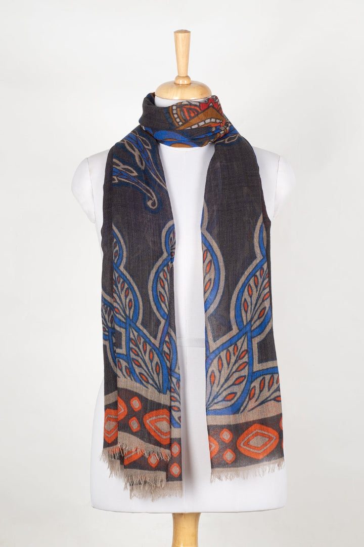 Indian Flower and Leaves Merino Wool Scarf - Grey Multicoloured-0