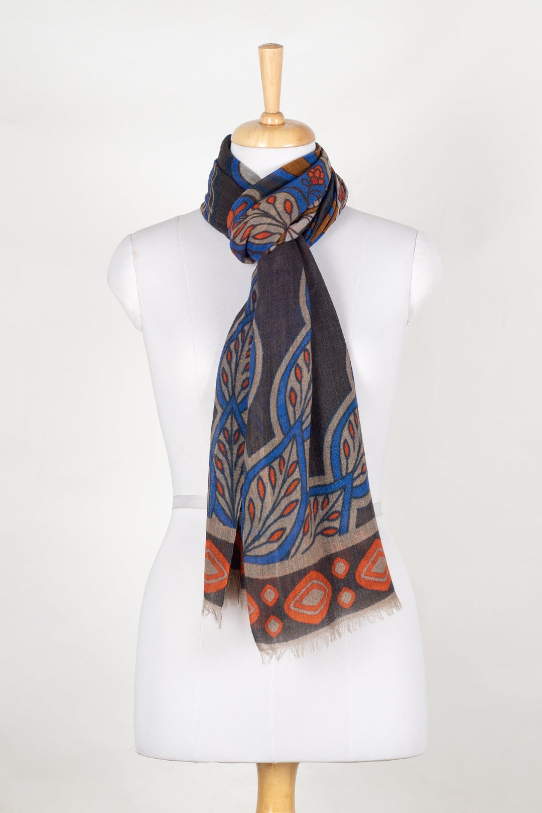 Indian Flower and Leaves Merino Wool Scarf - Grey Multicoloured-2