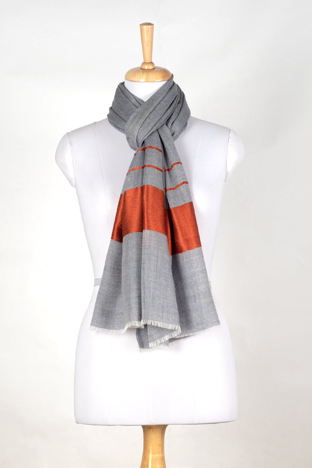 Border and Stripes Cashmere Wool Scarf - Grey Orange-2