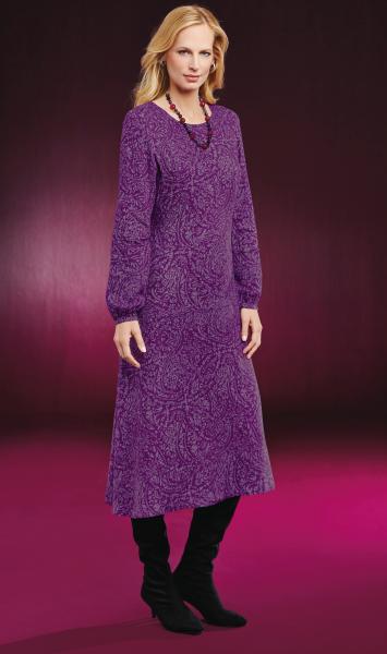 Lily Ella Collection purple paisley print midi dress, elegant long-sleeve style, paired with black boots, stylish women's autumn fashion.