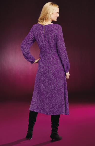 Lily Ella Collection purple paisley patterned dress, mid-length with long sleeves, styled with black knee-high boots, elegant women's fashion.