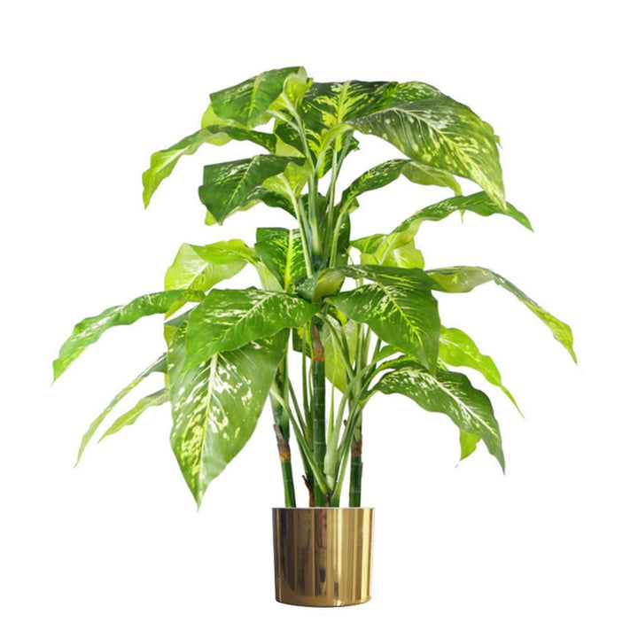 100cm Large Fox's Aglaonema (Spotted Evergreen) Tree Artificial Plant with Gold Metal Planter-0