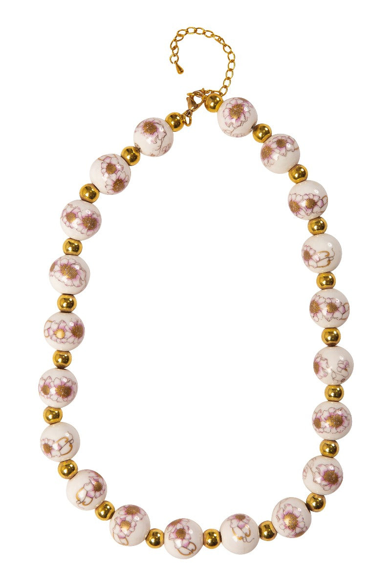 Lily Ella Collection floral patterned white and pink bead necklace with gold accents, elegant jewelry design, stylish women's accessory