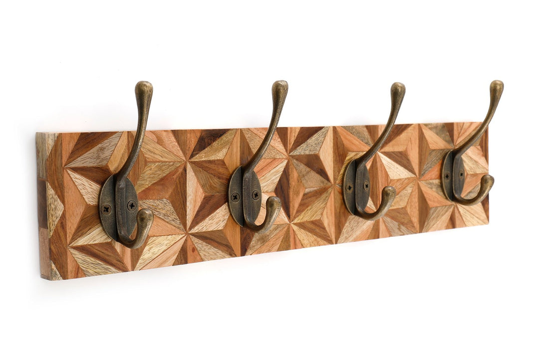 Aztec Design Wooden Plinth, 4 Double Coat Hooks-0