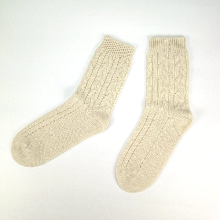 Luxurious Cable Knit 100% Pure Cashmere Wool Sleep Warm Cream Socks-2