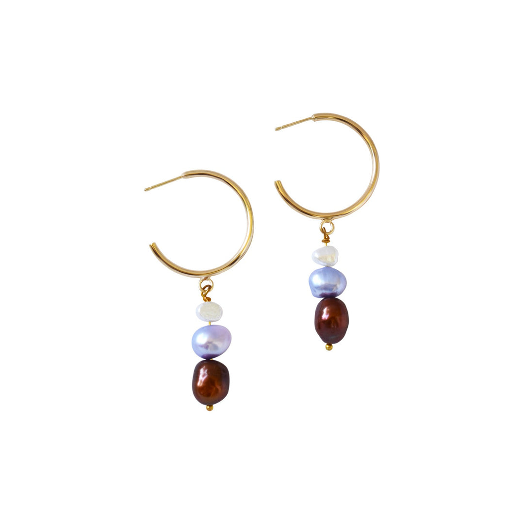 White, purple, and bronze freshwater pearl gold-plated brass hoop earrings | by Ifemi Jewels-0