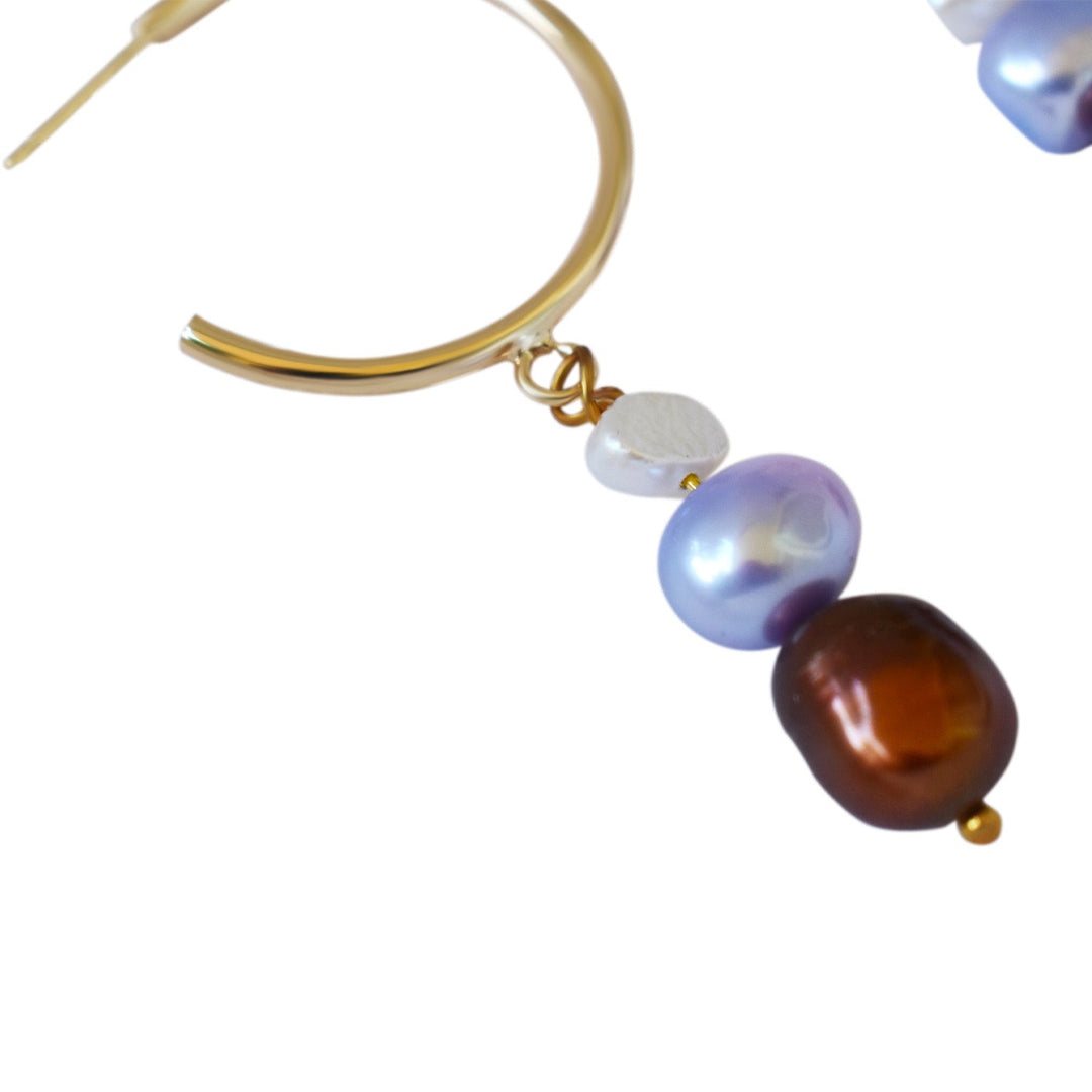 White, purple, and bronze freshwater pearl gold-plated brass hoop earrings | by Ifemi Jewels-3