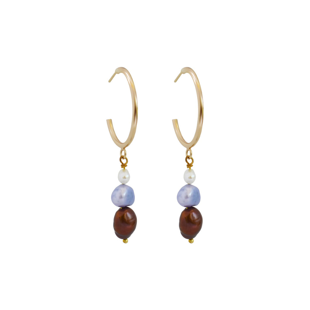 White, purple, and bronze freshwater pearl gold-plated brass hoop earrings | by Ifemi Jewels-1