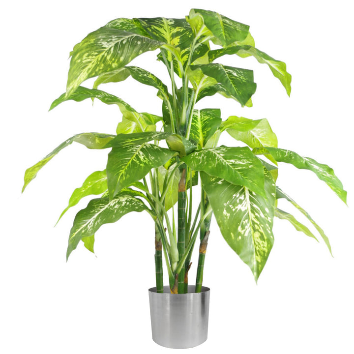 100cm Large Fox's Aglaonema (Spotted Evergreen) Tree Artificial Plant with Silver Metal Planter-0