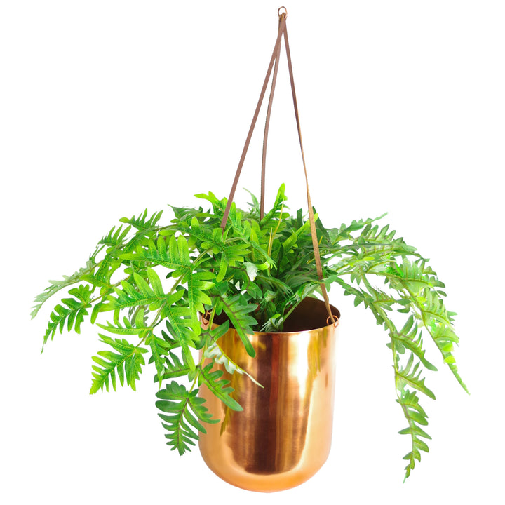 60cm Hanging Copper Planter with Artificial Evergreen Fern Plant-0