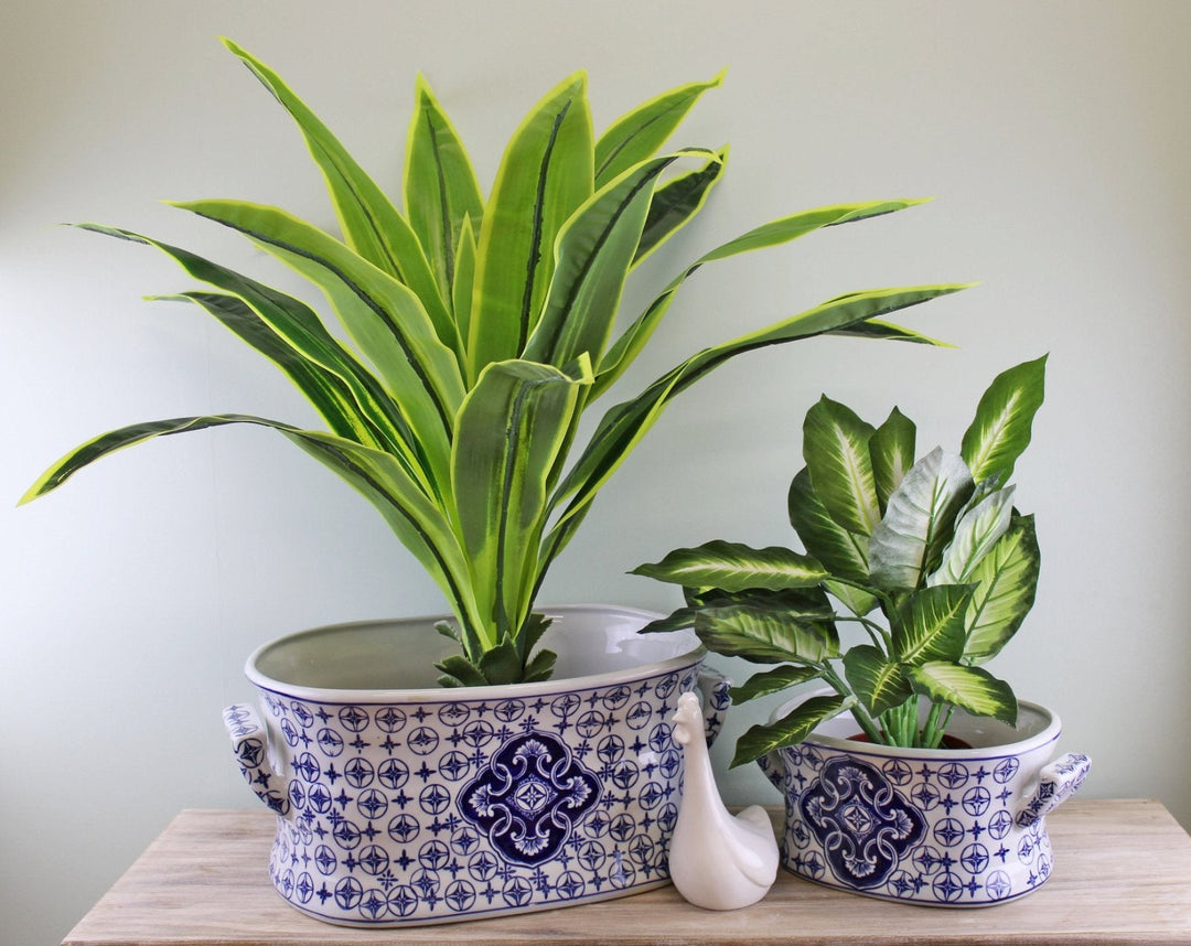 Set of 2 Ceramic Footbath Planters, Vintage Blue & White Circular Design-1