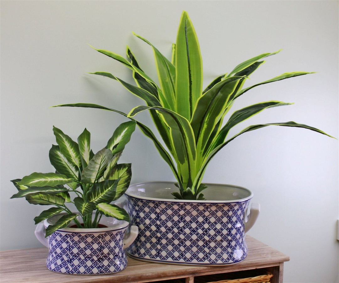 Set of 2 Ceramic Footbath Planters, Vintage Blue & White Geometric Design-0