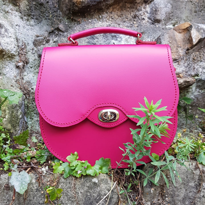 Handmade Leather Twist Lock Saddle Bag - Magenta-3