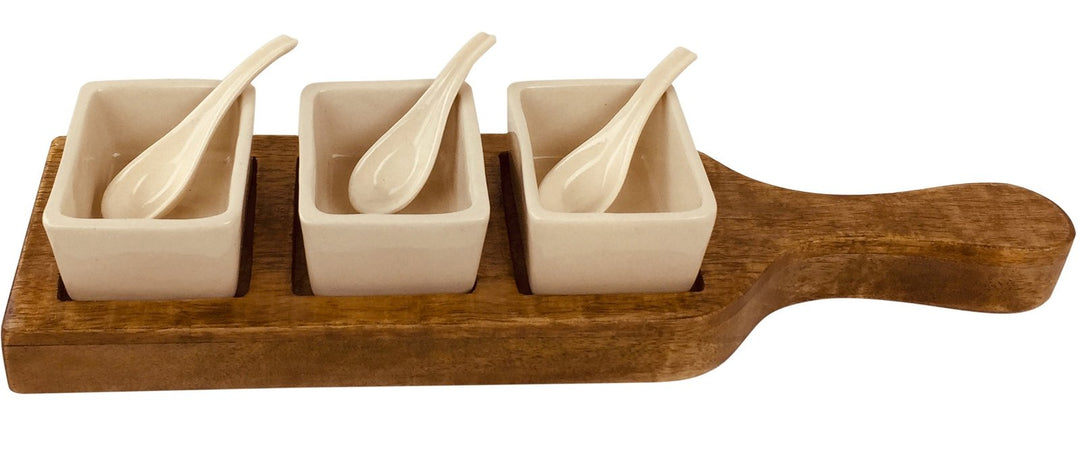 Wooden Tray With Dip Bowls & Spoons 36cm-0