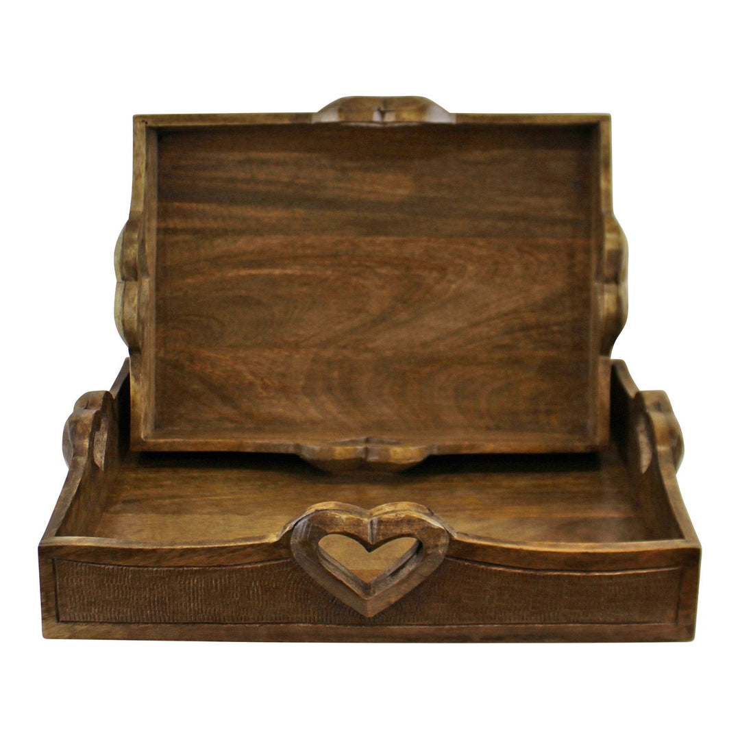 Set Of 2 Mango Wood Heart Detail Serving Trays-0