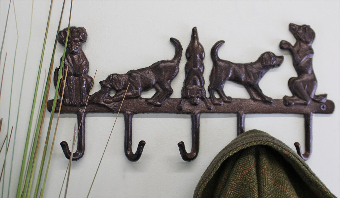 Rustic Cast Iron Wall Hooks, Playful Dog Design With 5 Hooks-2