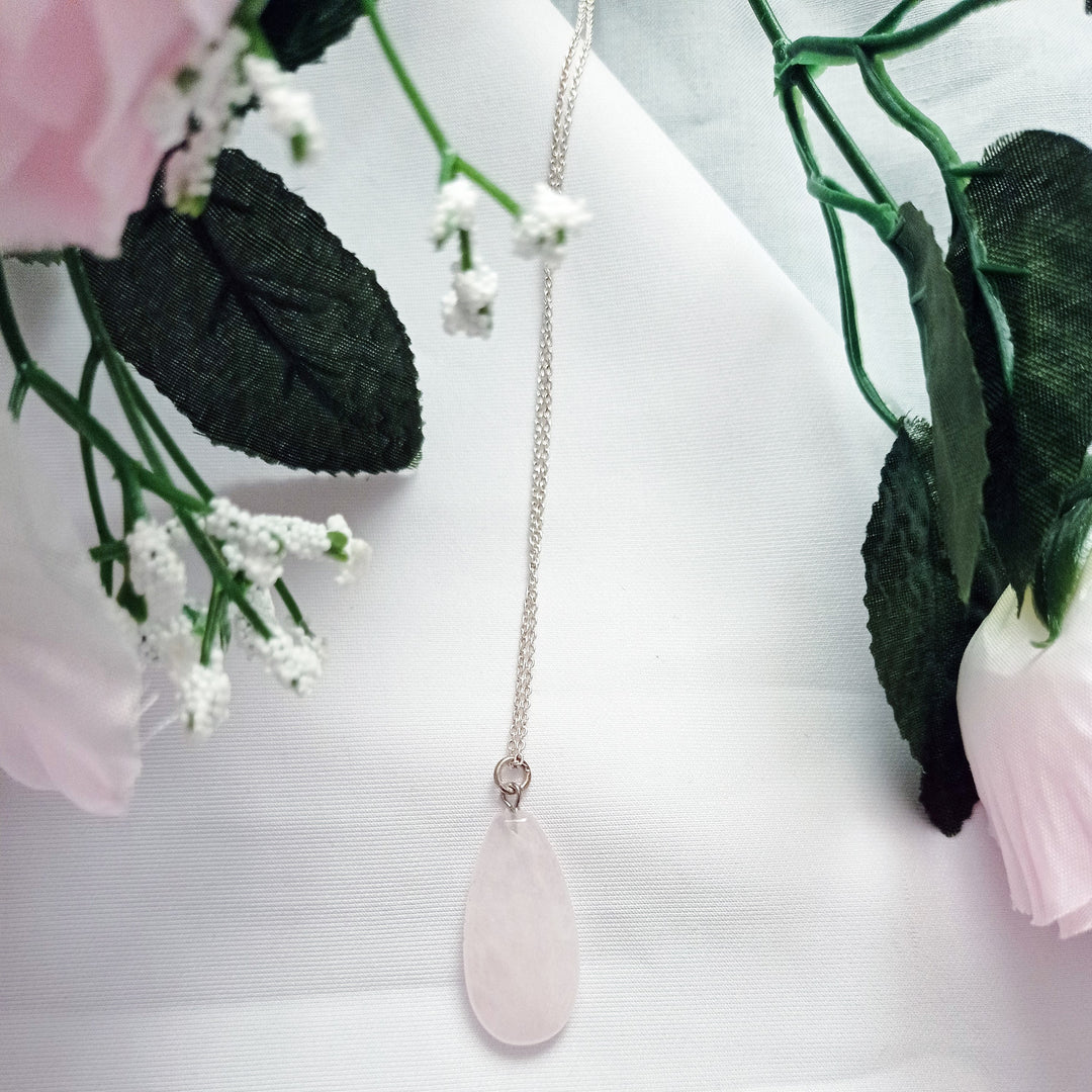 Rose Quartz Necklace, Rose Quartz Sterling Silver necklace, Rose Quartz Teardrop Pendant Necklace | by nlanlaVictory-2