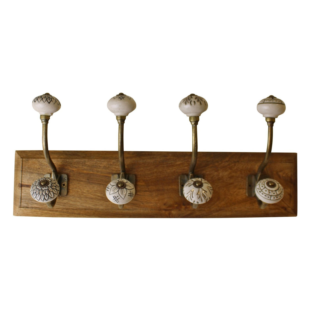 4 Double Ceramic Ivory Coat Hooks On Wooden Base-0