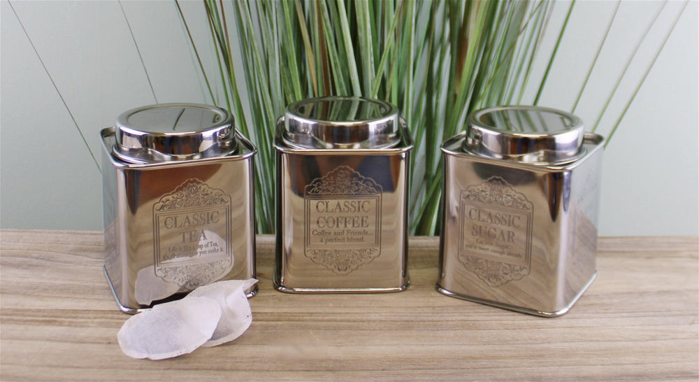 Silver Metal Tea, Coffee & Sugar Storage Tins-1