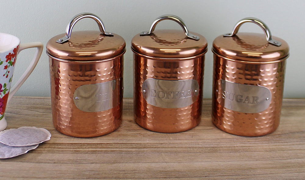 Hammered Copper Set of 3 Tea, Coffee & Sugar Canisters-1