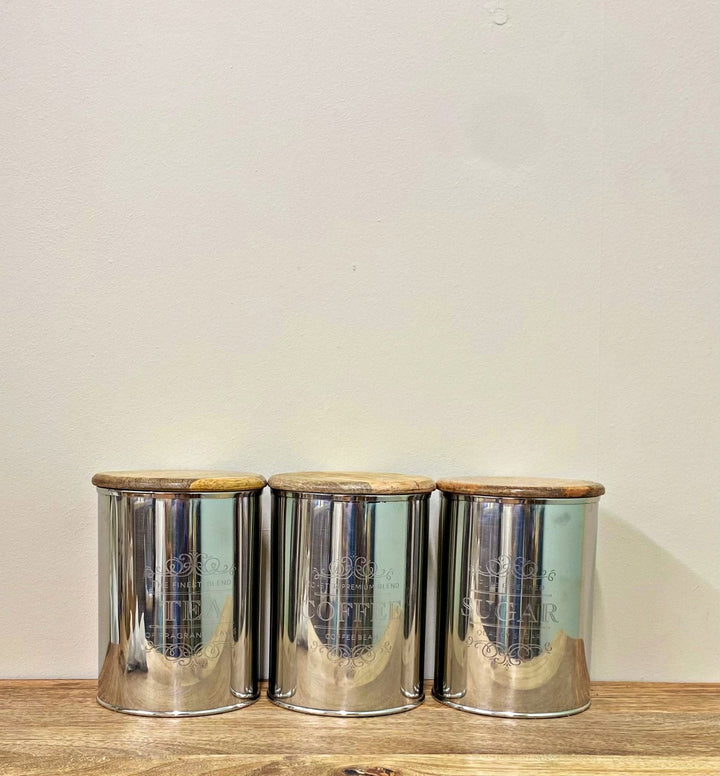 Set Of Three Silver Tea Coffee Sugar Containers-1