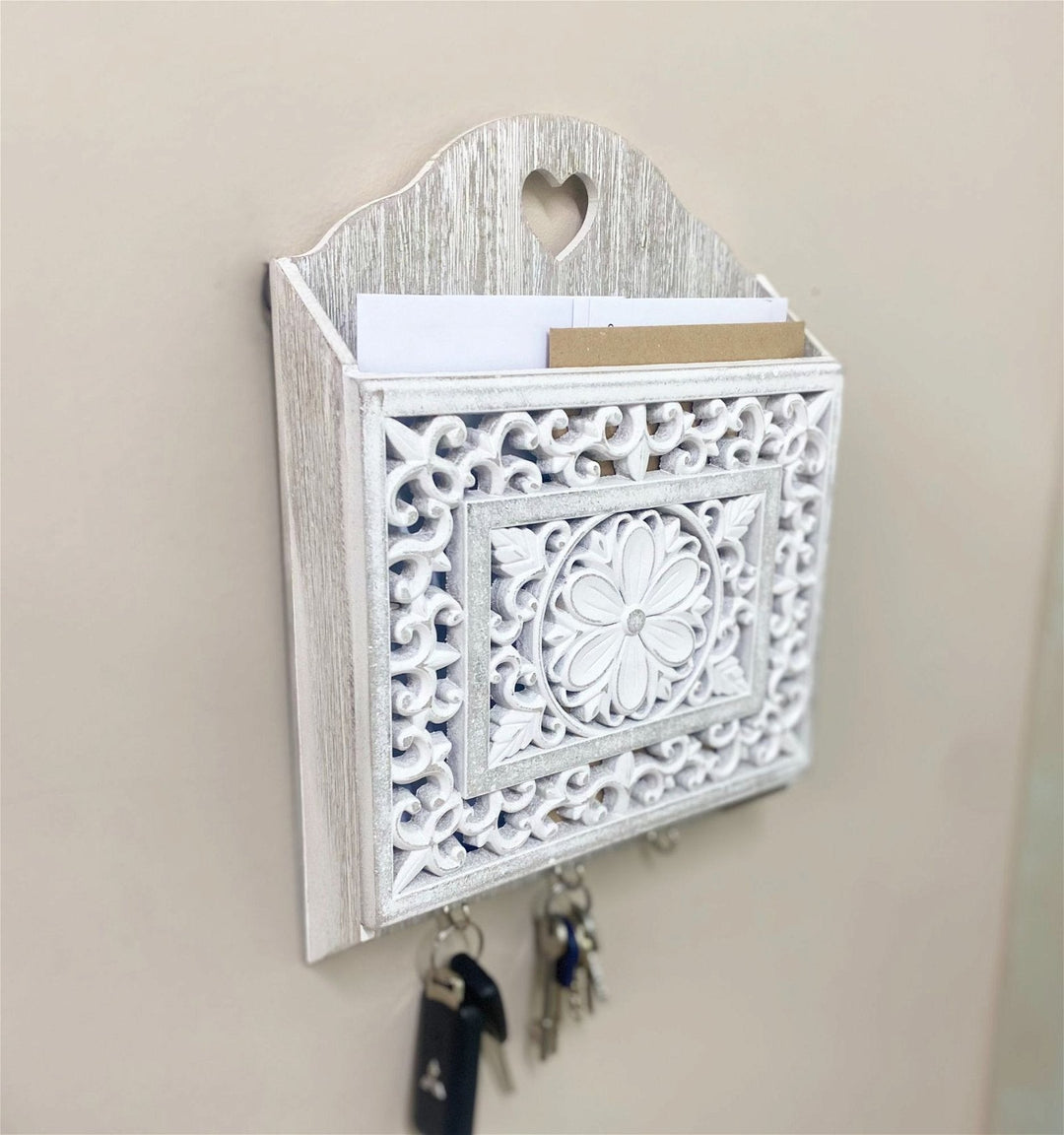 Grey Wooden 3 Hook Key Holder With Cutout Pattern Shelf-2