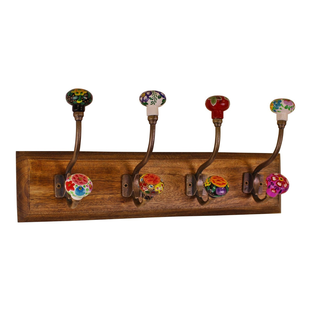 Mexican Floral Ceramic Hooks on Wooden Base-2