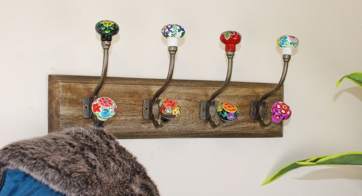 Mexican Floral Ceramic Hooks on Wooden Base-1